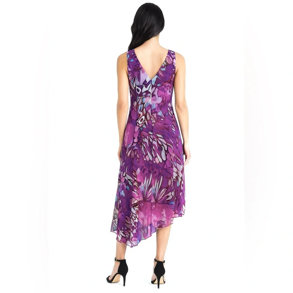 Rabbit Rabbit Rabbit Purple Floral Asymmetrical Dress V-Neck Fit Flare Sz 12 - Picture 10 of 14